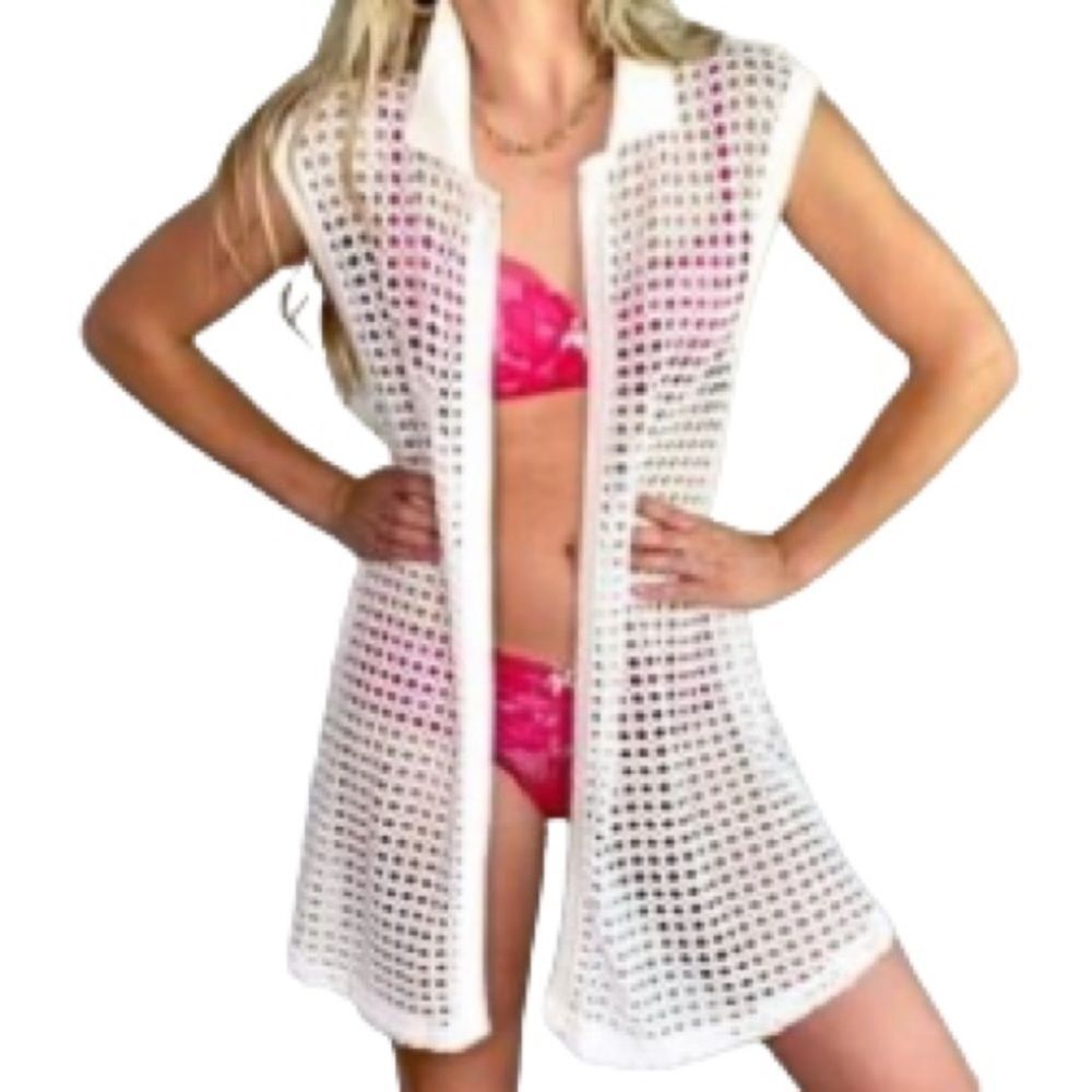 Swim Cardigan Cover Up Mesh White Net Crochet Womens Medium
